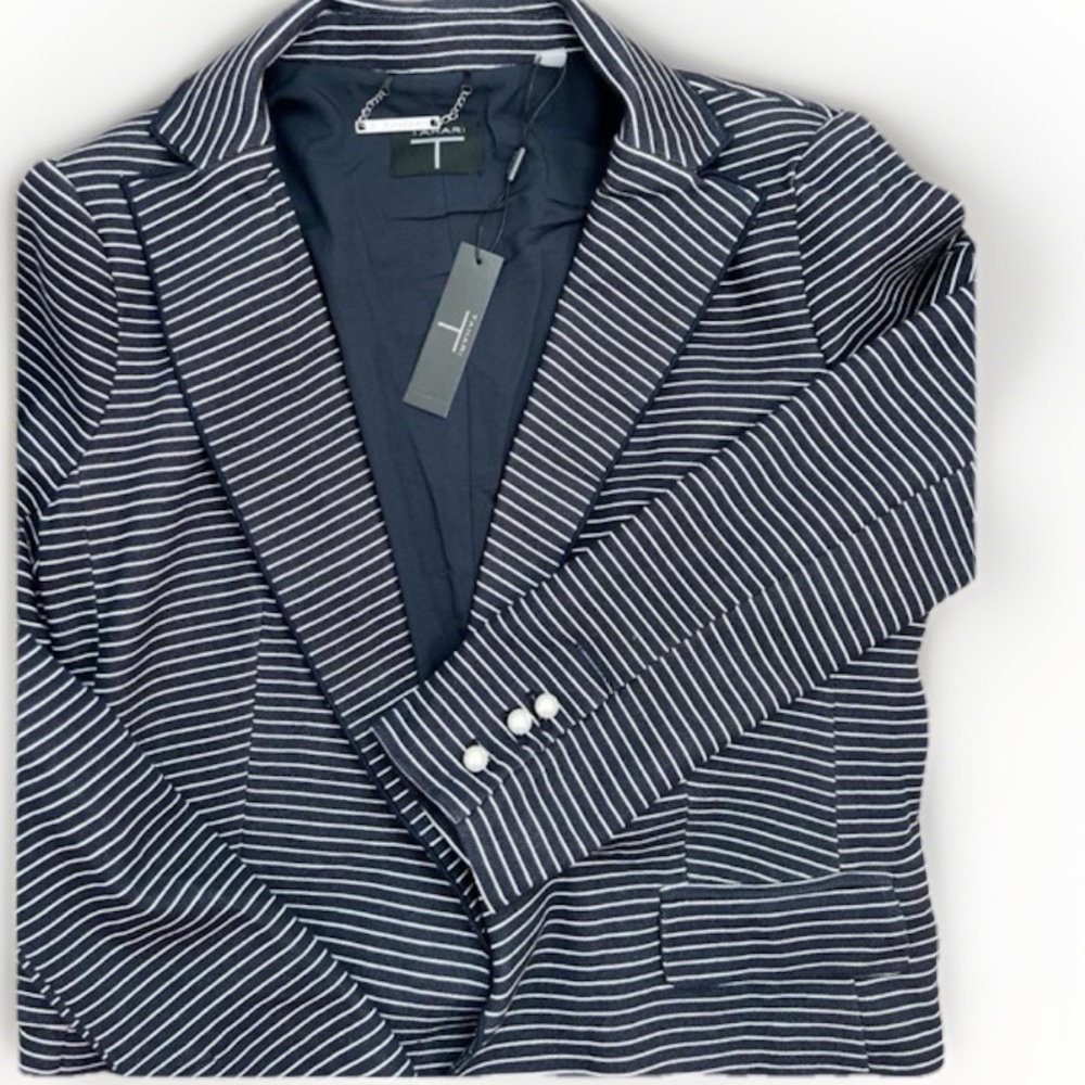 T TAHARI Blazer Size 4 Navy Striped Notched Lapel Jacket Pearl Buttons NEW